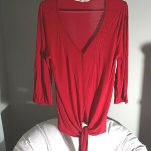 Old Navy red 100% rayon button down long sleeve top sexy deep v-neck sz …
